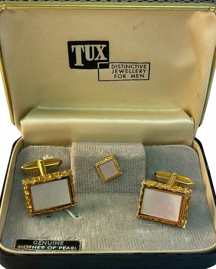 Vintage MOP Pearl Gold cufflinks tie pin