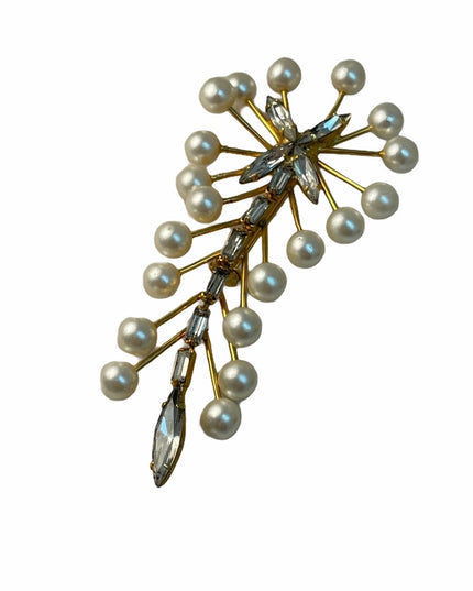 Vintage gold finish C1960s Marvella Faux pearl crystal dangle brooch
