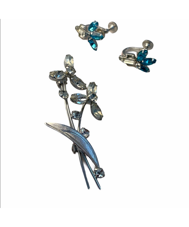 Vintage Silver crystal earring brooch set