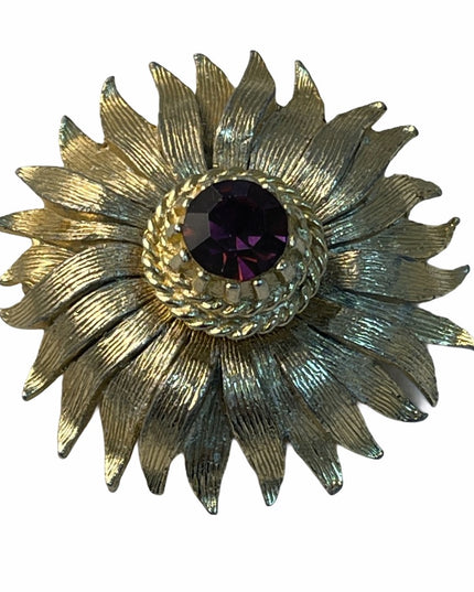 Vintage gold purple crystal flower brooch