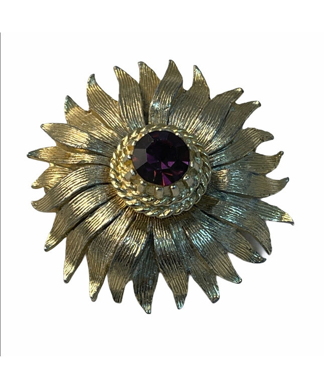 Vintage gold purple crystal flower brooch