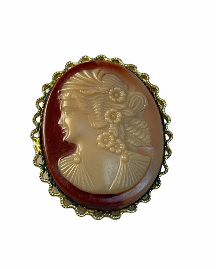 Antique oranate gold finish Celluloid cameo brooch