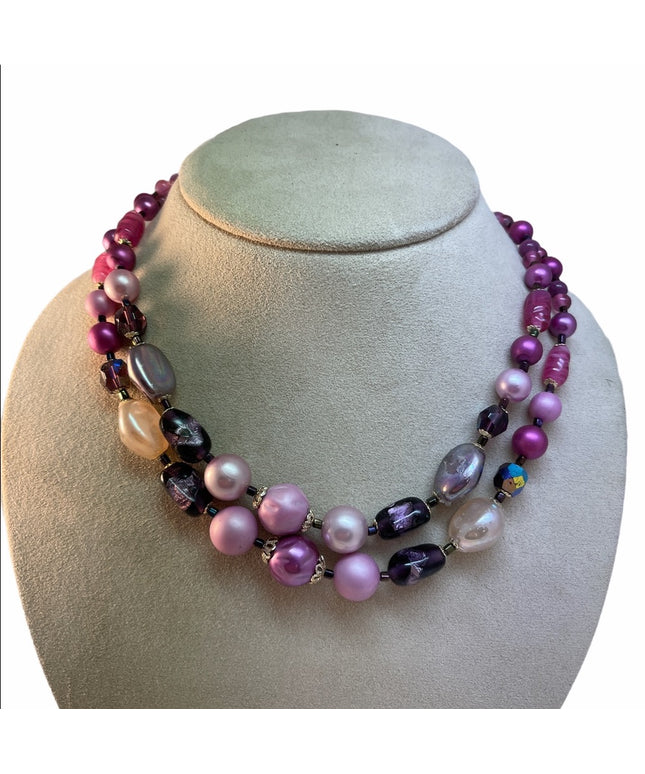 VTG Pink fancy faux pearl glass crystal necklace