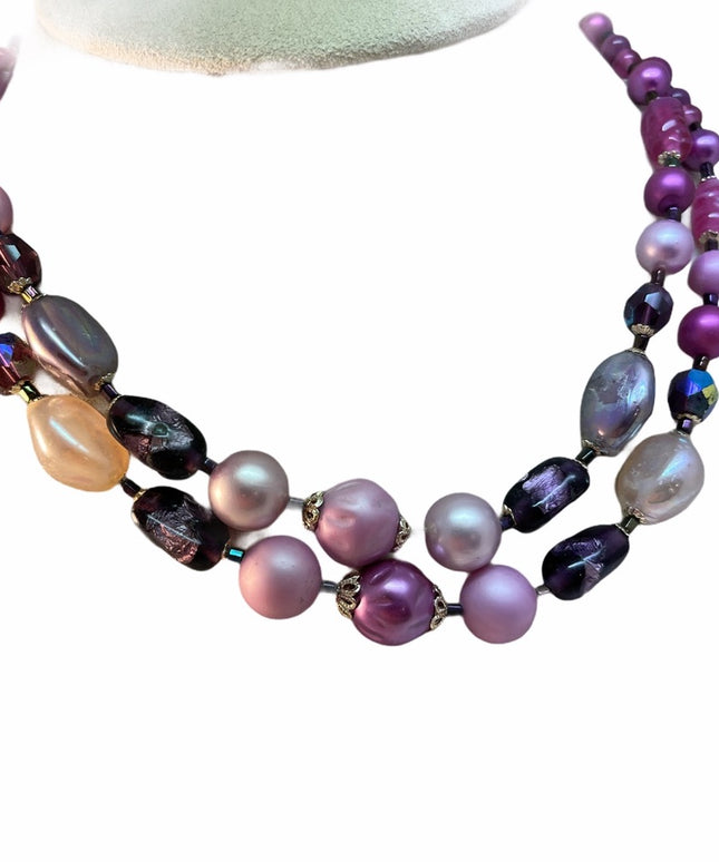 VTG Pink fancy faux pearl glass crystal necklace