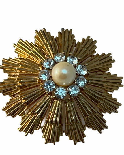 Vintage gold tone rhinestone pearl flower brooch starburst