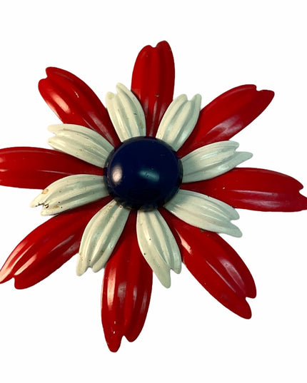 Vintage RWB Metal flower C1960s Brooch Red white blue nautical Patriotic
