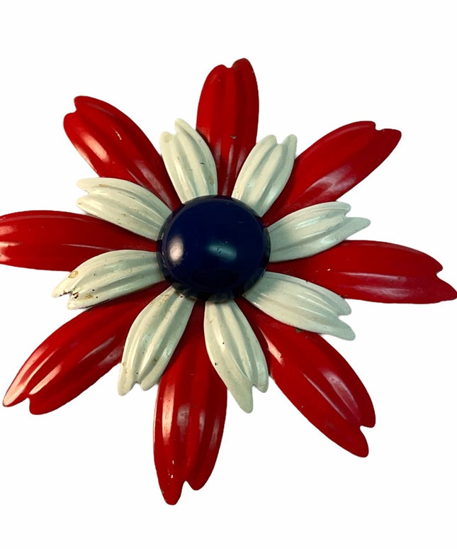 Vintage RWB Metal flower C1960s Brooch Red white blue nautical Patriotic