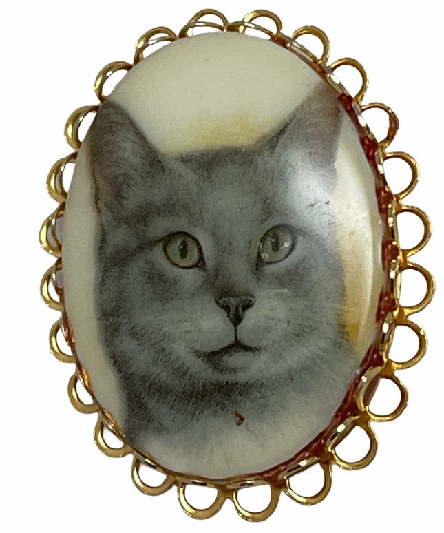 Vintage ceramic kitty cat cameo brooch