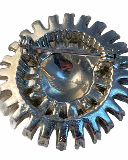 Vintage C1960 silver finish crystal round brooch
