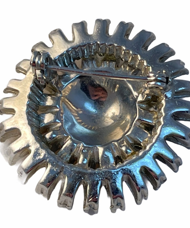 Vintage C1960 silver finish crystal round brooch