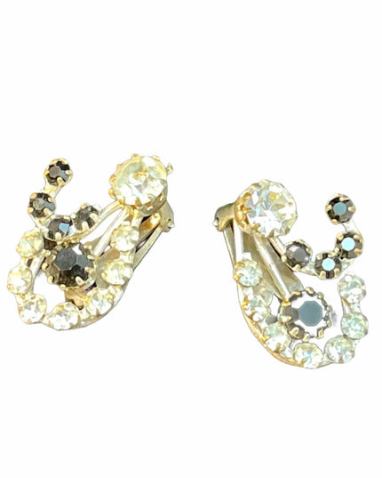 VTG c1960s Crystal earrings black clear clip on