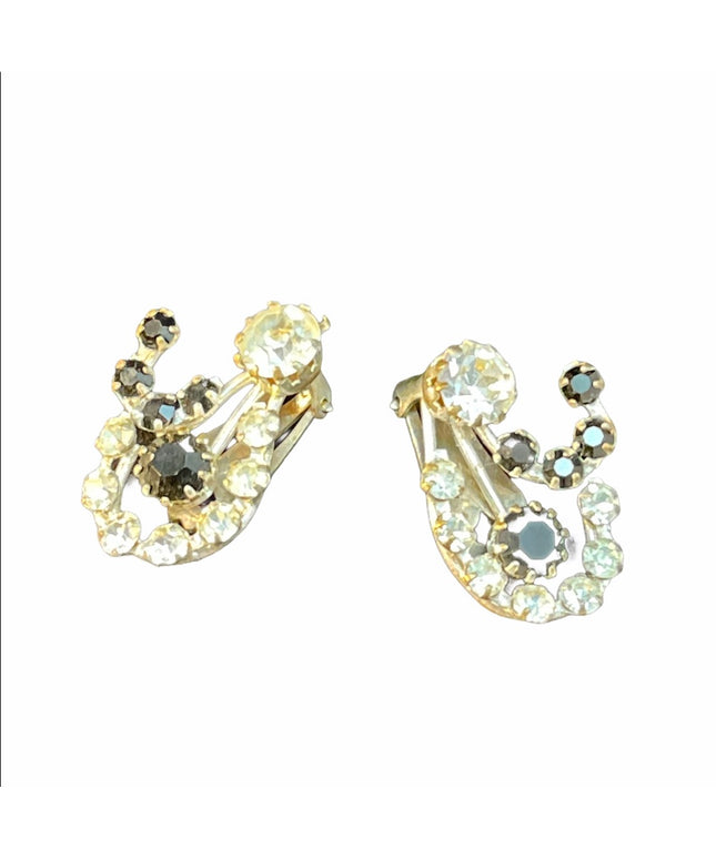 VTG c1960s Crystal earrings black clear clip on