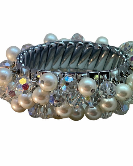 VTG Faux pearl crystal bracelet expandible silver