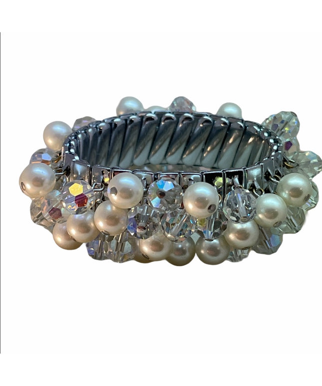 VTG Faux pearl crystal bracelet expandible silver