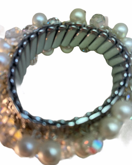 VTG Faux pearl crystal bracelet expandible silver