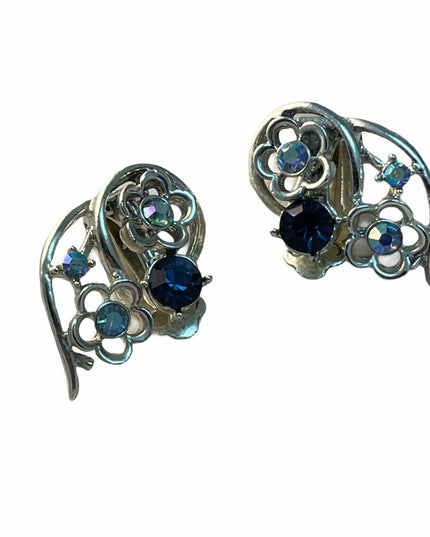 vintage crystalclip on earrings silver finish blue