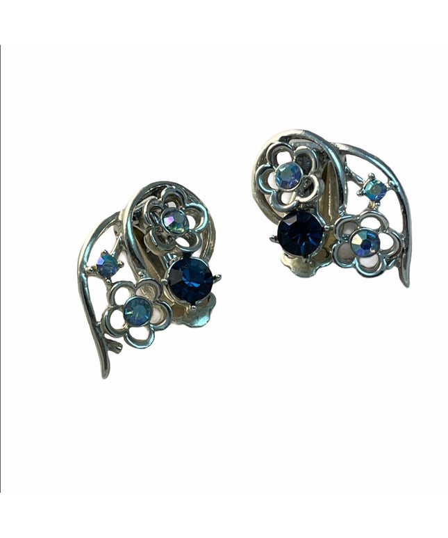 vintage crystalclip on earrings silver finish blue