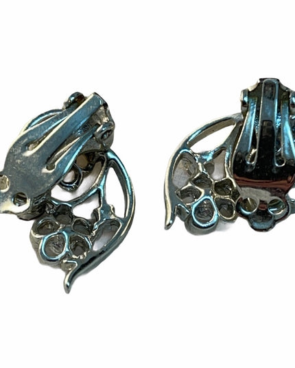 vintage crystalclip on earrings silver finish blue
