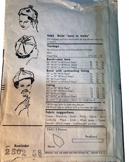 Vogue Printed pattern vintage Beret sewing hat