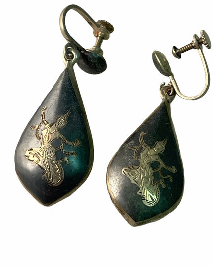 VTG Siam Sterling large Dangle earrings screw back