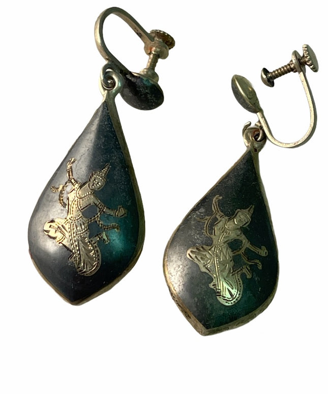 VTG Siam Sterling large Dangle earrings screw back