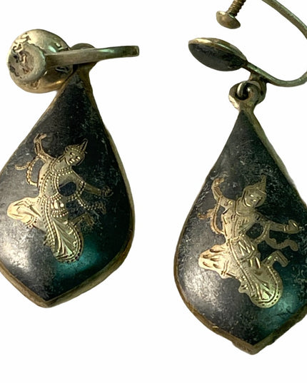 VTG Siam Sterling large Dangle earrings screw back
