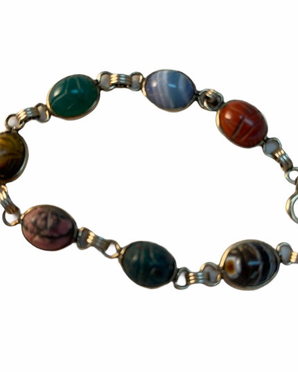 Vintage 12k GF Egyptian revival 1960s Scarab stone link bracelet
