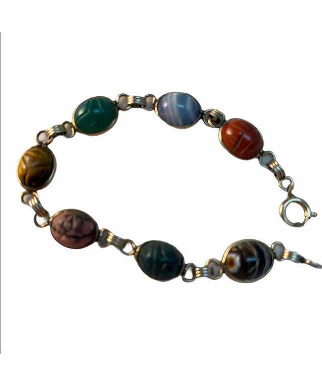 Vintage 12k GF Egyptian revival 1960s Scarab stone link bracelet