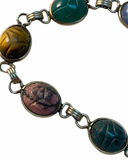 Vintage 12k GF Egyptian revival 1960s Scarab stone link bracelet