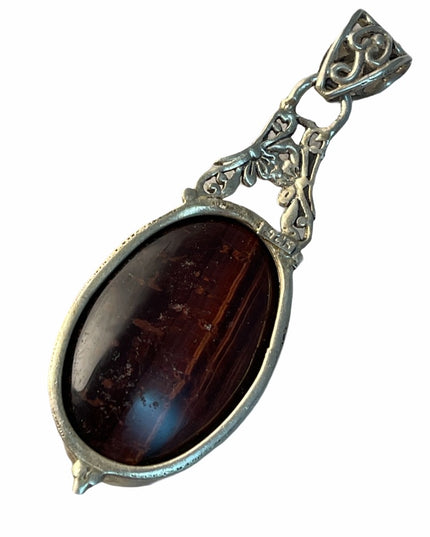 Tiger eye large ornate fancy pendant silver finish