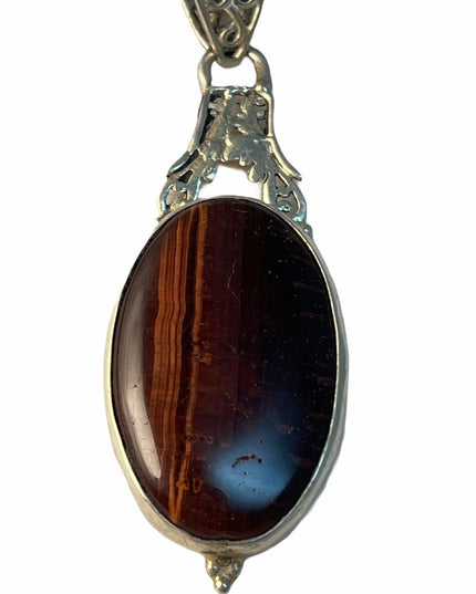 Tiger eye large ornate fancy pendant silver finish