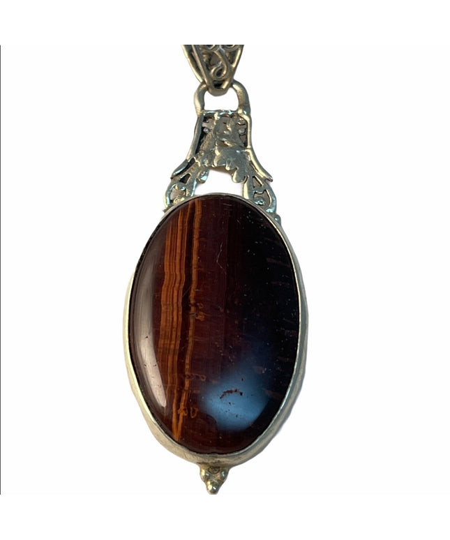Tiger eye large ornate fancy pendant silver finish
