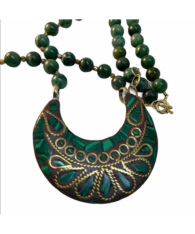 Vintage sterling malachite necklace half moon With Jade beads