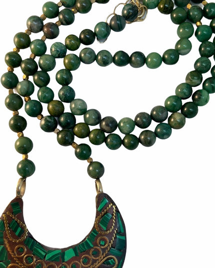 Vintage sterling malachite necklace half moon With Jade beads