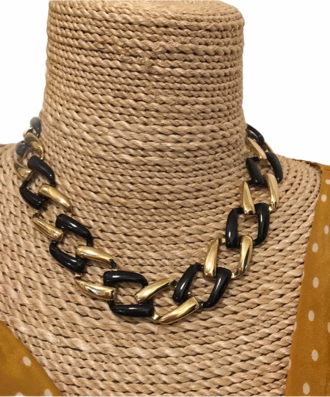 Chunky Black enamel & gold tone choker necklace