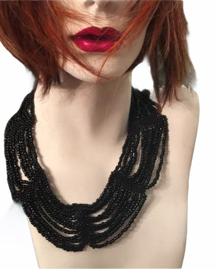 Vintage black micro bead cleopatra necklace choker multi strand thick