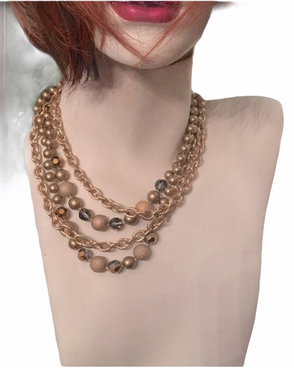 1990s Beautiful gold finish faux pearls chain crystals 4 strand necklace