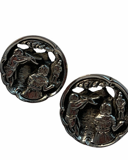 Vintage silver finish ornate detailed hunting scene shooting cufflinks