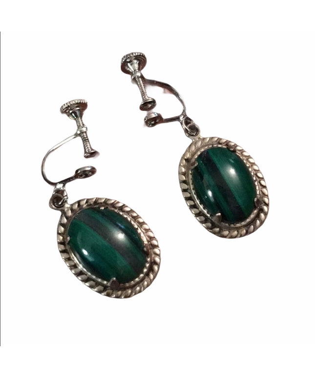 VTG Sterling silver Malachite Screw back earrings