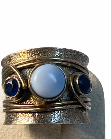 Steriling silver fancy cigar band gemstone ring