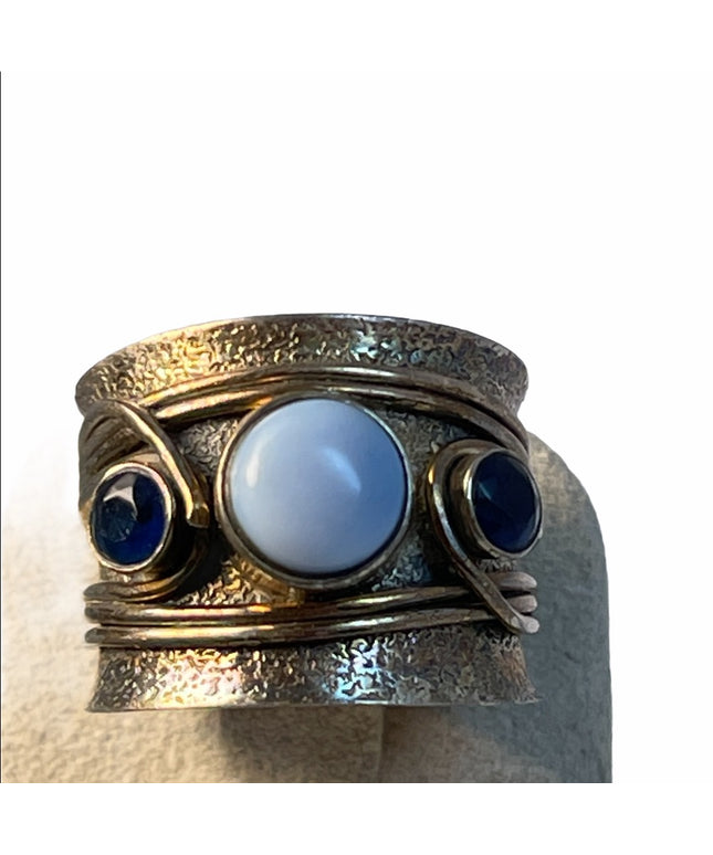 Steriling silver fancy cigar band gemstone ring