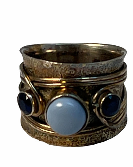 Steriling silver fancy cigar band gemstone ring