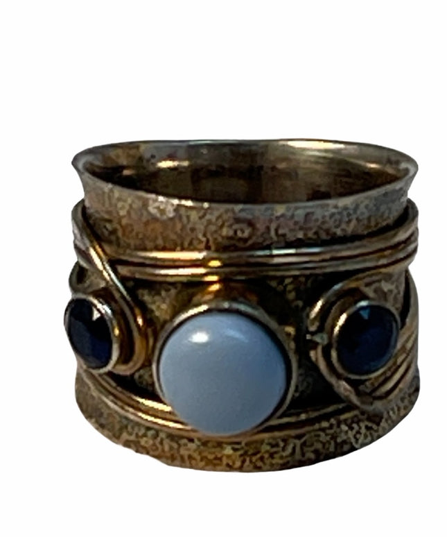 Steriling silver fancy cigar band gemstone ring