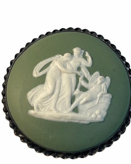 Vintage sterling silver green large ceramic cameo angels cherubs Wedgewood