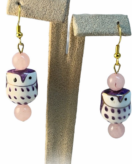 Rose Quartz ceramic owl dangle earrings Gold