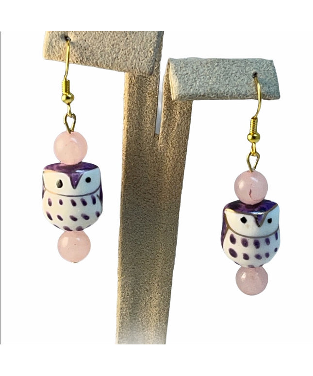 Rose Quartz ceramic owl dangle earrings Gold