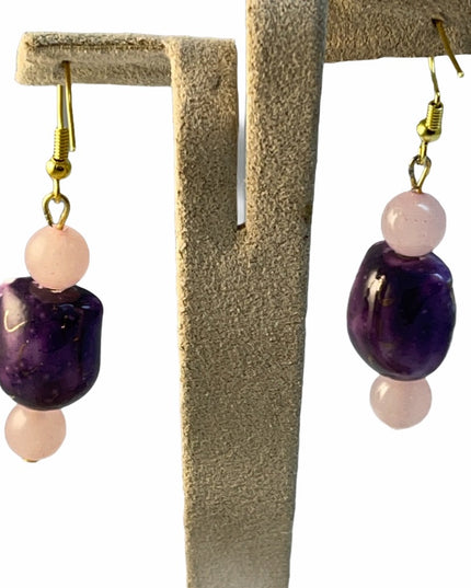 Rose Quartz ceramic owl dangle earrings Gold