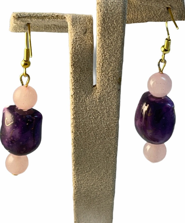 Rose Quartz ceramic owl dangle earrings Gold