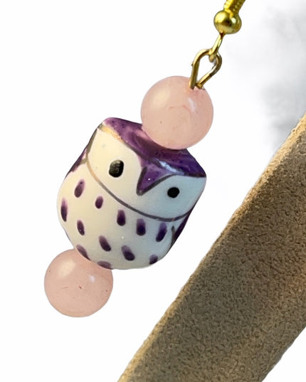 Rose Quartz ceramic owl dangle earrings Gold