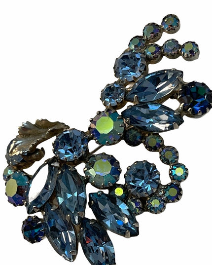 Vintage C1950s AB Sherman unmarked blue crystal brooch silver tone Large